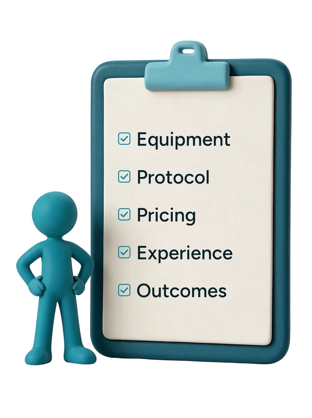 Checklist illustration showing equipment, protocol, pricing, experience, and outcomes verified