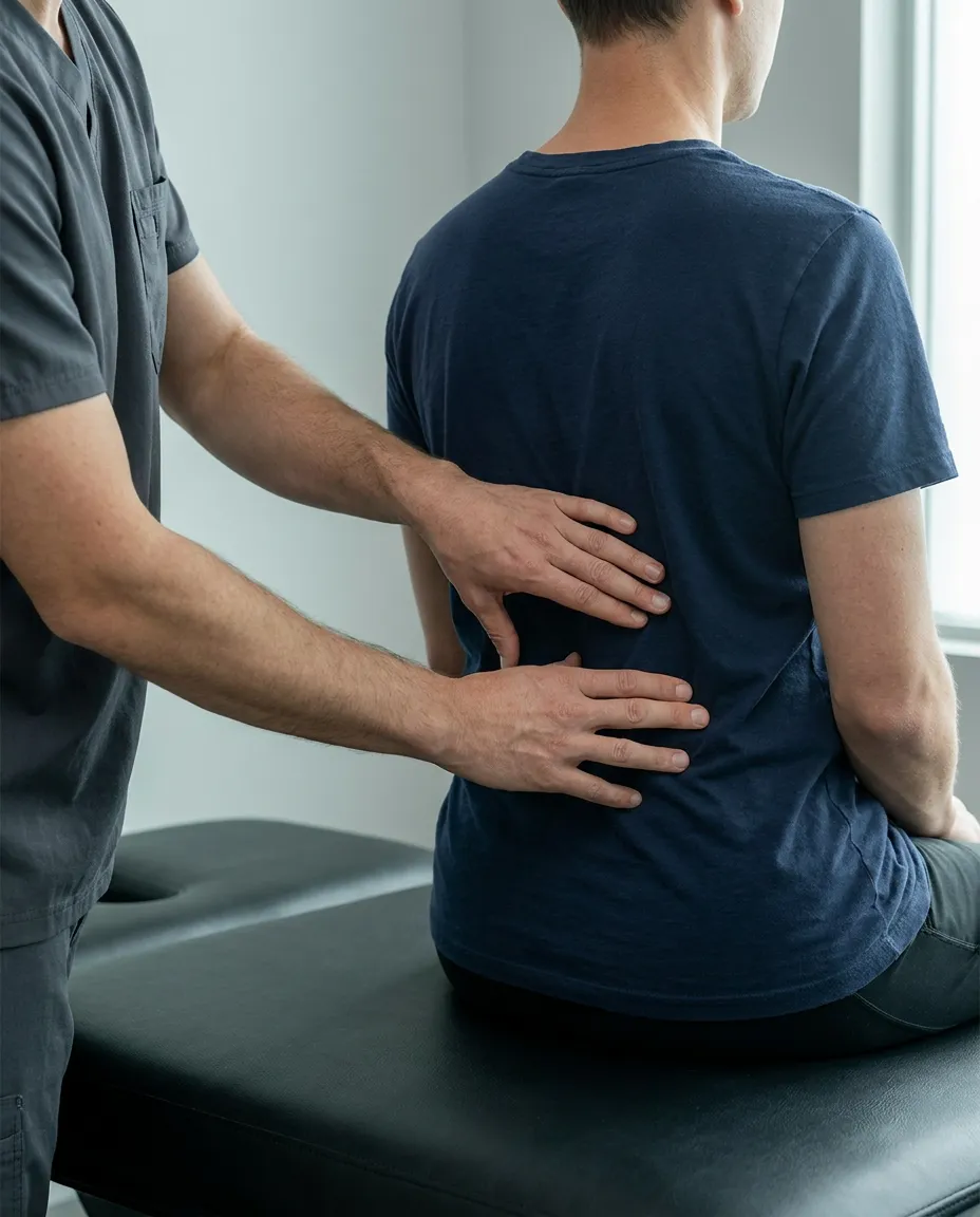 A clinician's hands assessing a patient's lower back